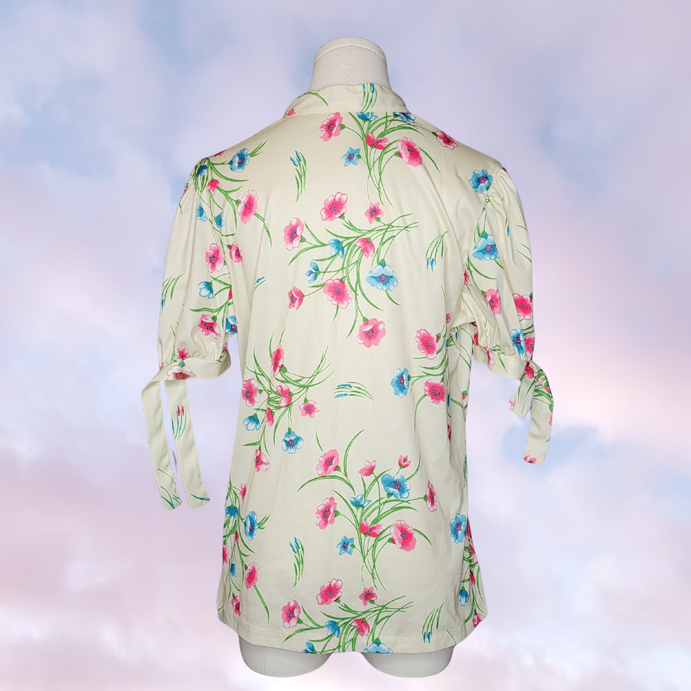 Vtg 60s Mod Colorful Floral Flower Collared Pink Blue Tie Short Sleeve Top - Picture 3 of 4